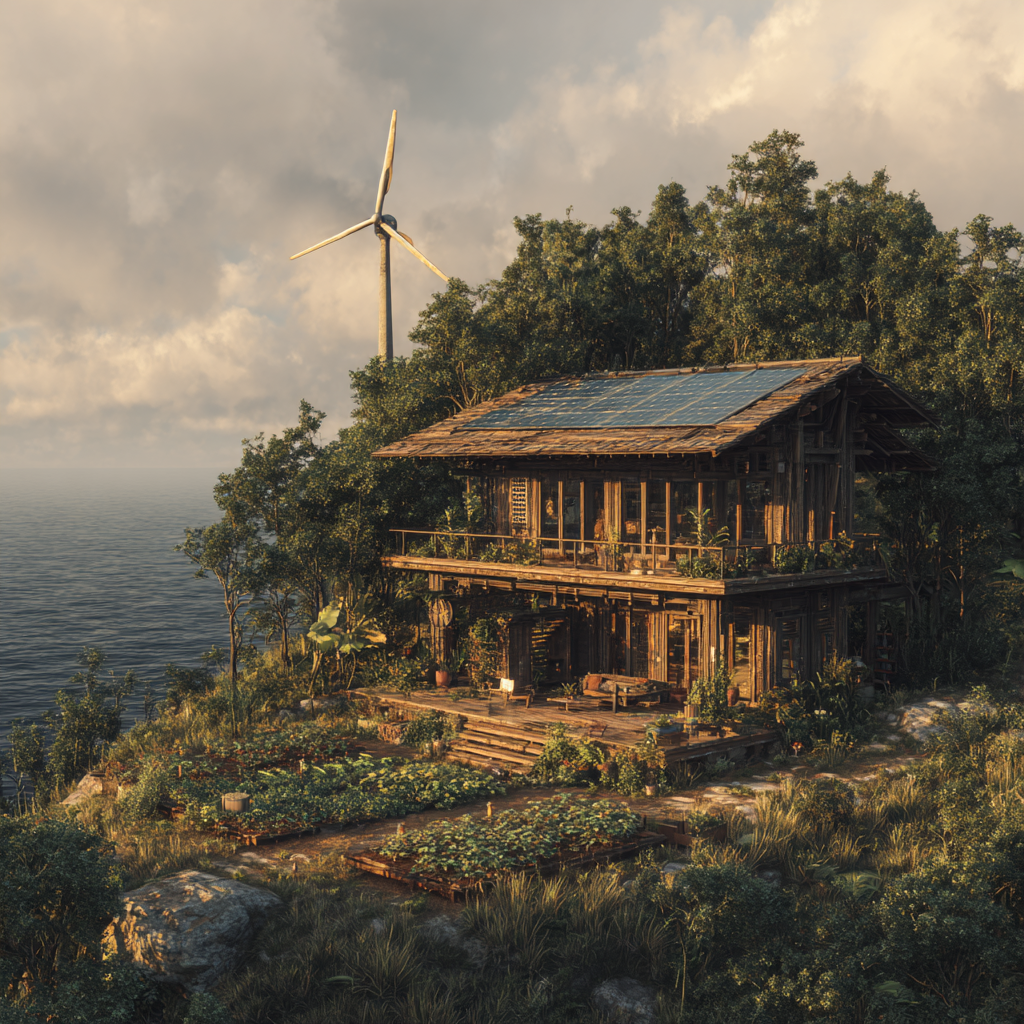 Off-grid wooden home with solar roof and wind turbine by the sea, surrounded by gardens